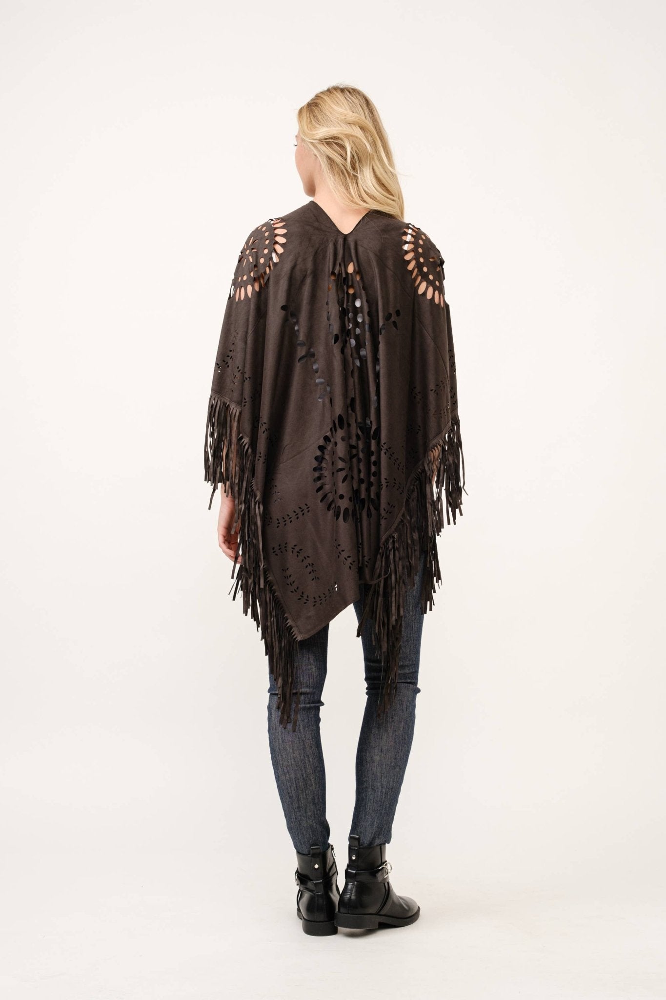 Willa Faux Suede Western Style Poncho Ruana Black - ivyandlavyboutique Raj Trading & Imports (USA) Inc.