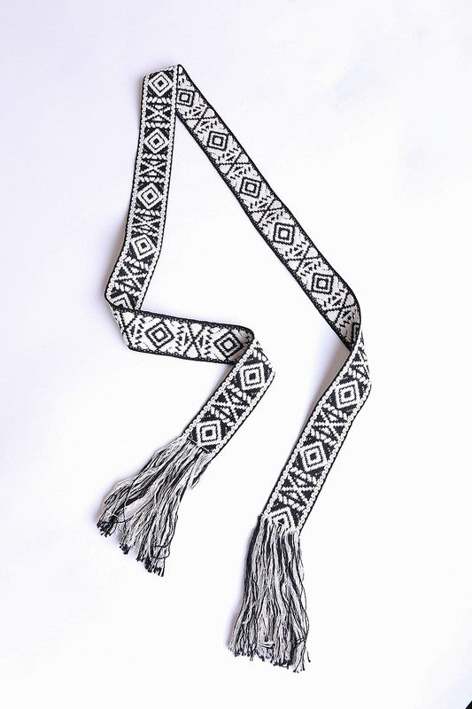 Woven Aztec Waist Tie Belt w/ Frayed Trim - ivyandlavyboutique Leto Accessories