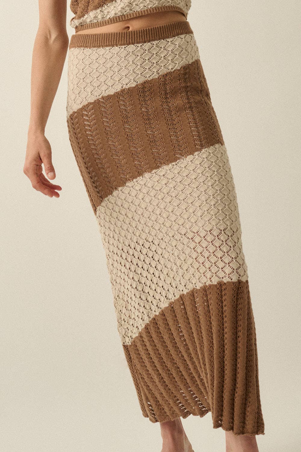 Colorblock Striped Crochet-Knit Maxi Sweater Skirt