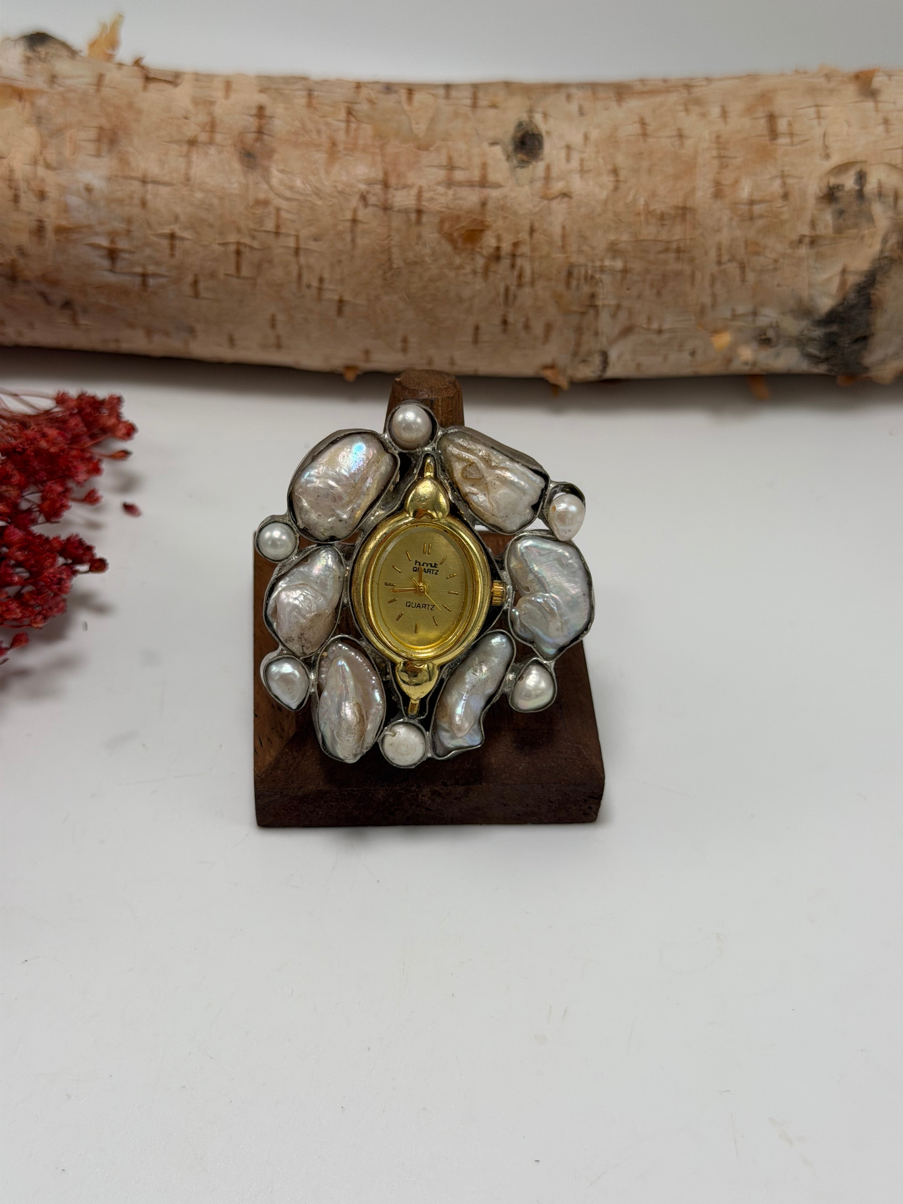 Pearl & Gold Tick Tock Watch Ring 3