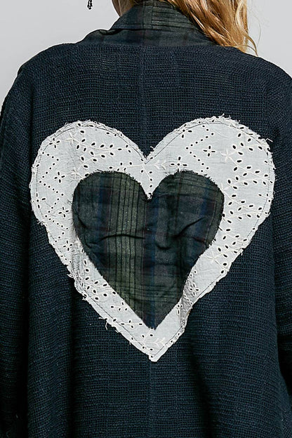 Plaid Textured Lace Heart Patch Woven Open Front Coat
