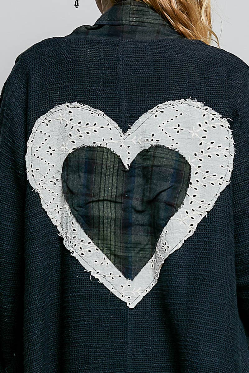 Plaid Textured Lace Heart Patch Woven Open Front Coat