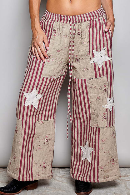 Preorder - Over the Moon Striped Lace Star Patchwork Quilted Waistband Wide Leg Pants