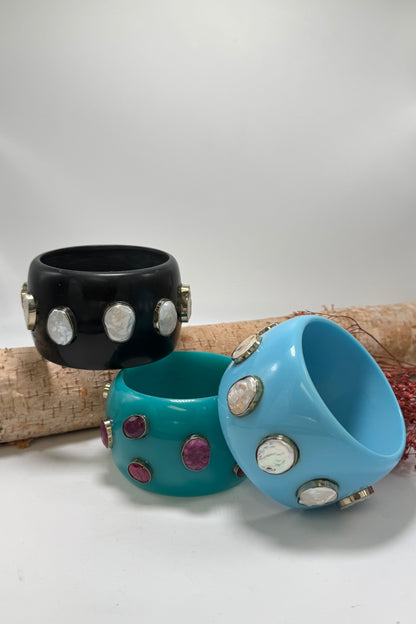 Statement Bangle in Blue & Pearl