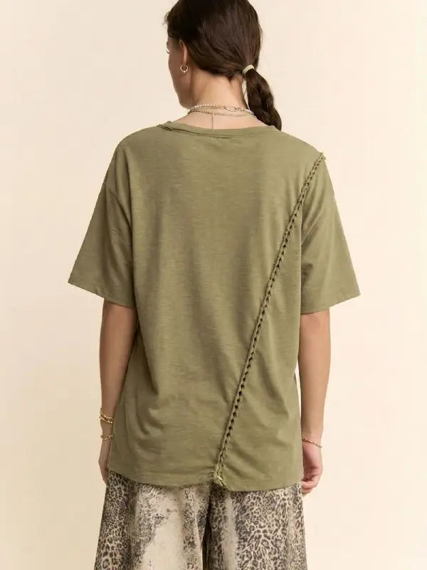 Braided Seam Detail Drop Shoulder Tee Khaki Olive