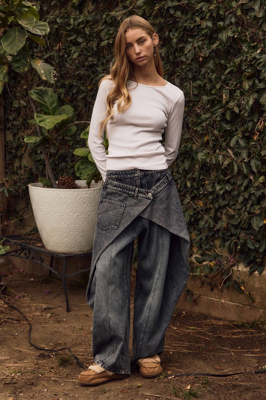 Wrap-layered Barrel Denim Pants