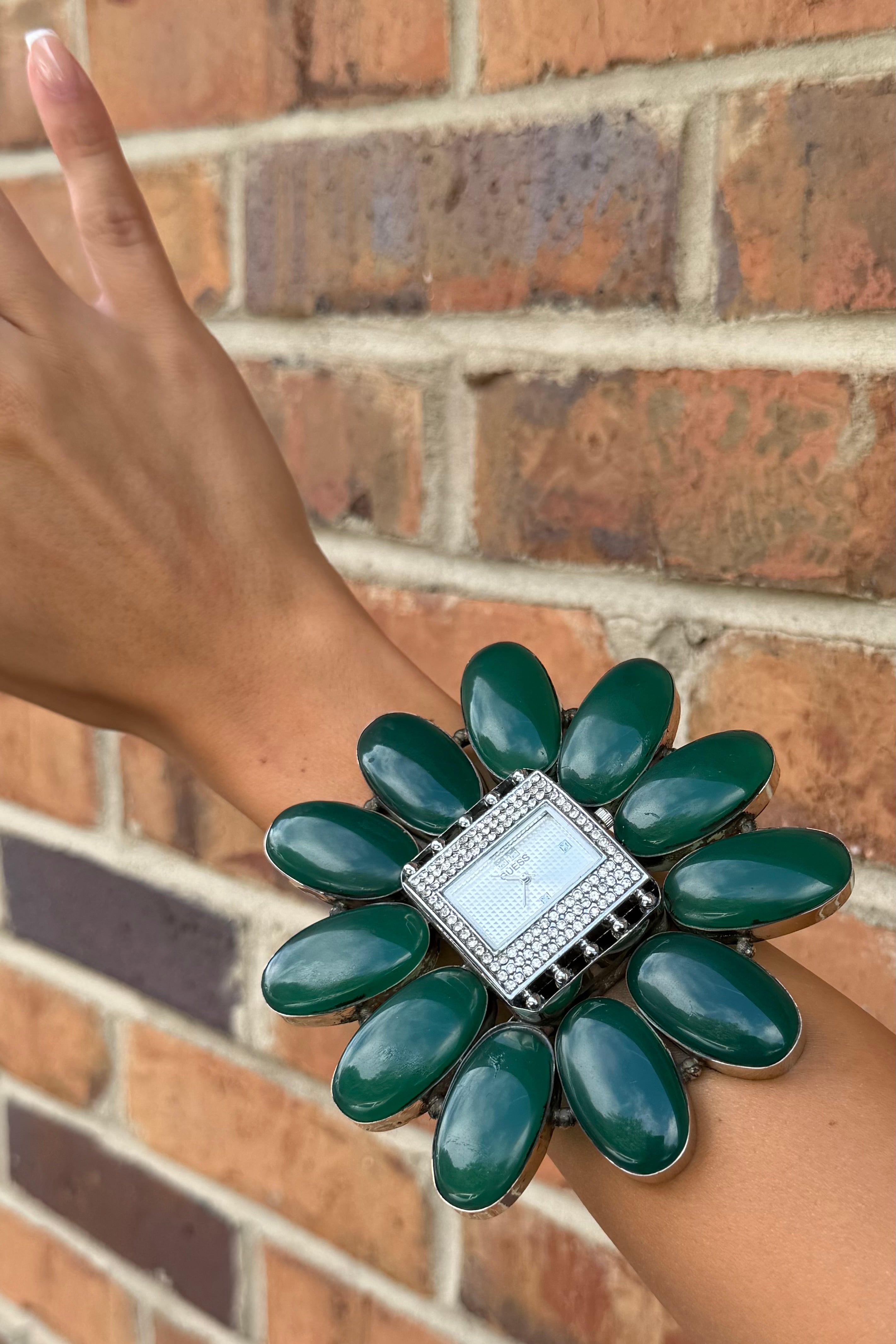 GUESS Bedazzled Watch Cuff/Green Stone
