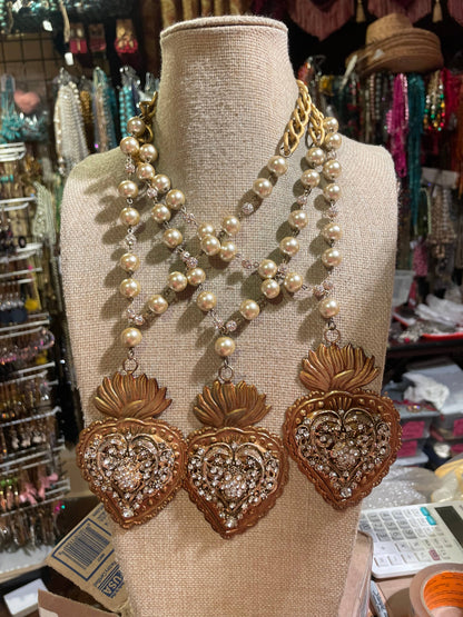 Sacred Heart Pearl Vintage Gold Inspired  Necklace
