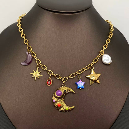 Fantastic Star Moon Charm 18K Golden SS Necklace - FGS/MS