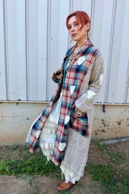 Plaid Textured Lace Heart Patch Woven Open Front Coat