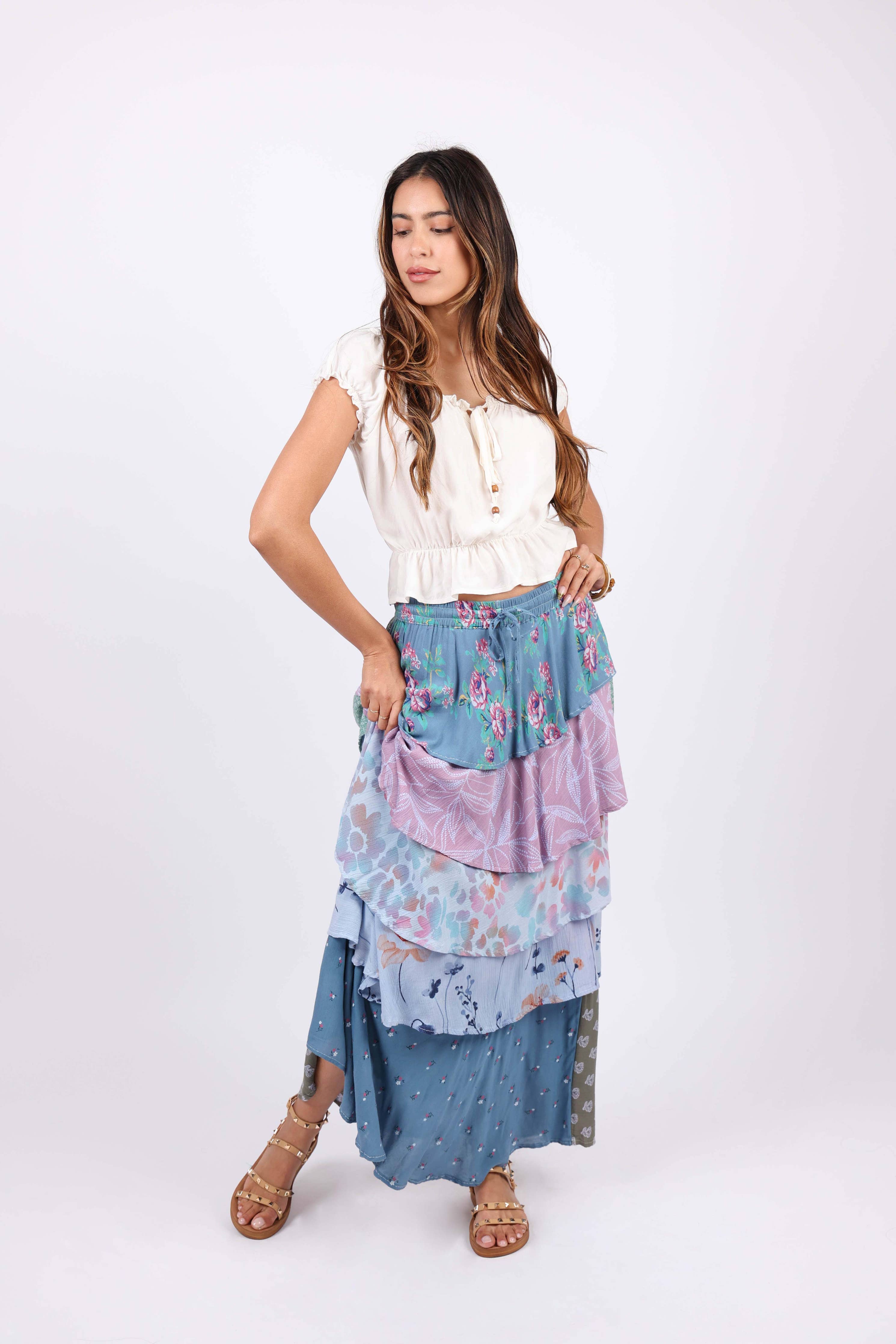 Sage & Sky Patchwork Tiered Ruffel Skirt