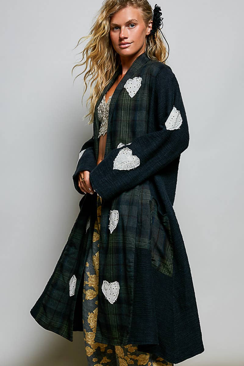 Plaid Textured Lace Heart Patch Woven Open Front Coat