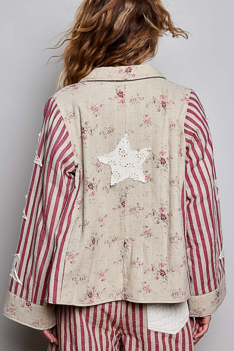 PREORDER - Shoot for the Stars Striped Sleeves Handcrafted Quilted Patchwork Woven Jacket