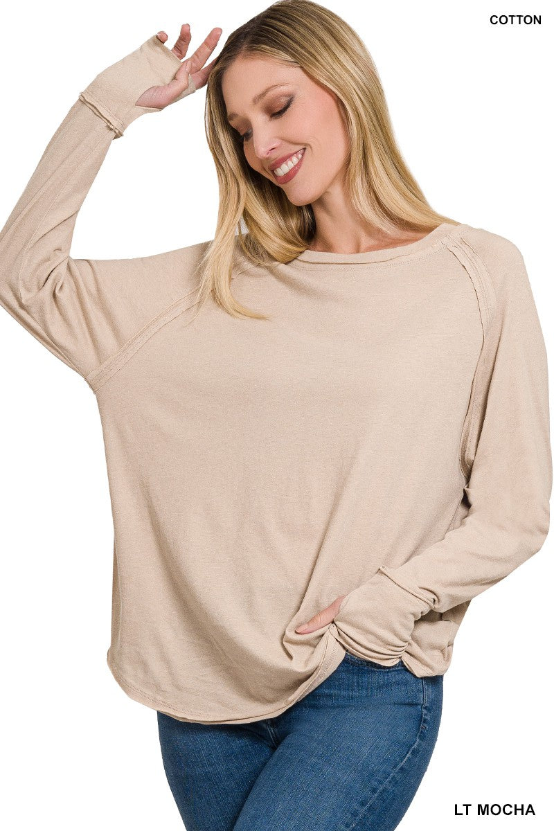 Cotton Raglan Sleeve Thumbhole Top In Lt Mocha