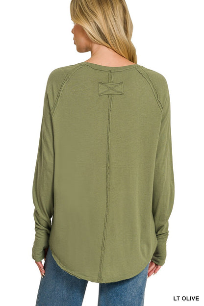 Cotton Raglan Sleeve Thumbhole Top In Olive