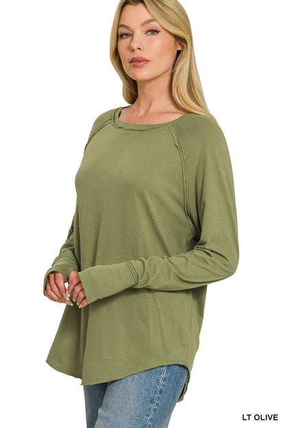 Cotton Raglan Sleeve Thumbhole Top In Olive