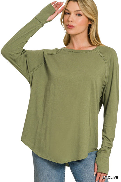 Cotton Raglan Sleeve Thumbhole Top In Olive