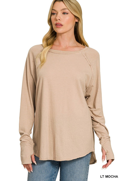 Cotton Raglan Sleeve Thumbhole Top In Lt Mocha