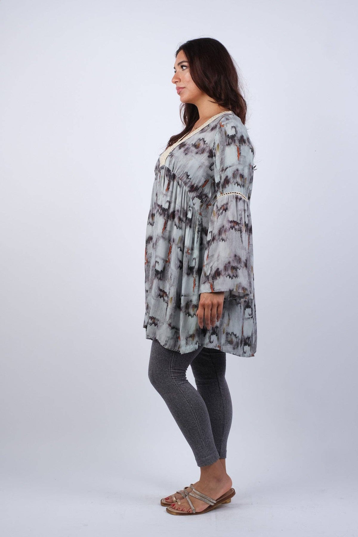 Abstract Gray Tunic with Flared Sleeves