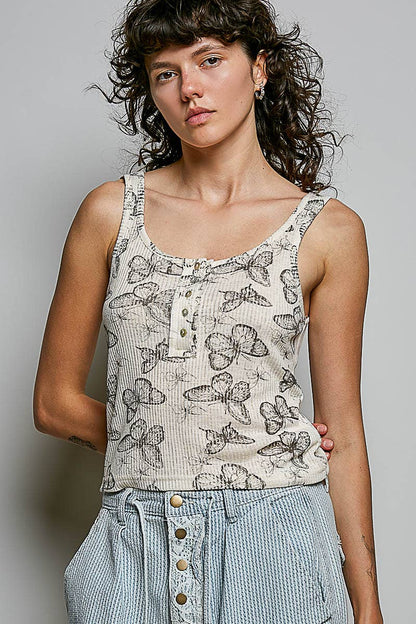 Flit & Vibe Vintage Washing Butterfly Print Slim Fit Knit Sleeveless Top