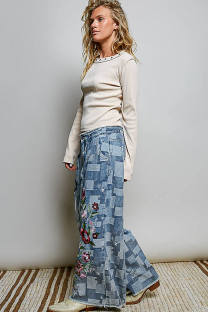 Floral Maze Vintage Patchwork Denim Floral Embroidered Wide Leg Pants