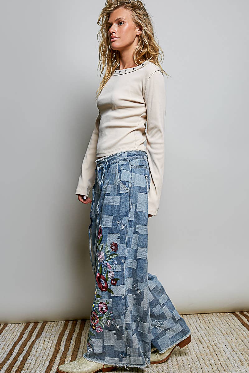 Floral Maze Vintage Patchwork Denim Floral Embroidered Wide Leg Pants