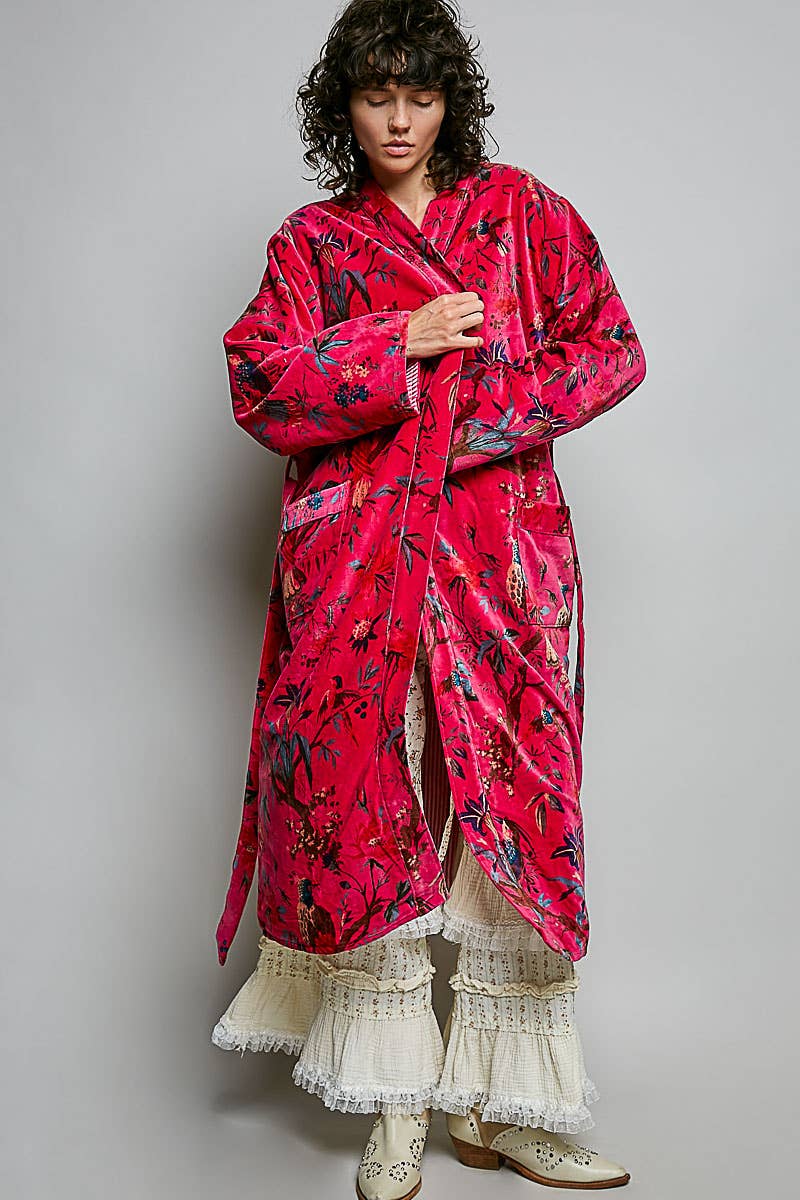 Full Length Self Tie Belt Kimono Style Robe Velvet Jacket in Fuchsia