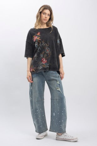 Embroidered Short Sleeve Washed Top