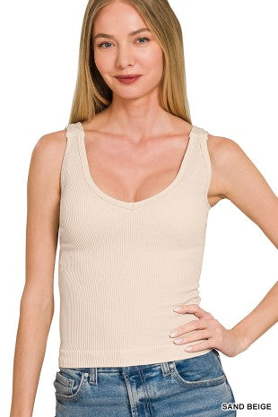 Ribbed Seamless Bra Padded V-Neck Tank Top