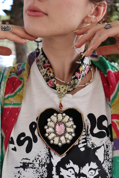Velvet Pearl Heart Choker