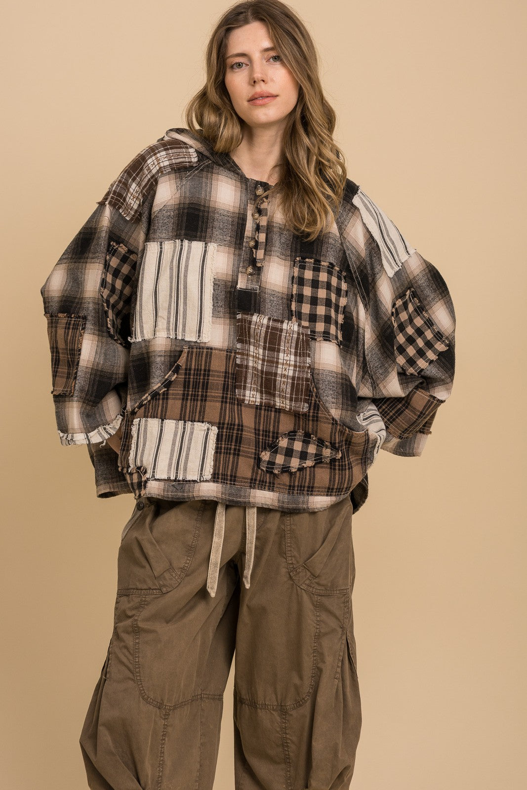 Flannel Patchwork 3/4 Sleeve Pullover Hoodie