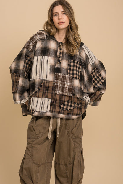Flannel Patchwork 3/4 Sleeve Pullover Hoodie