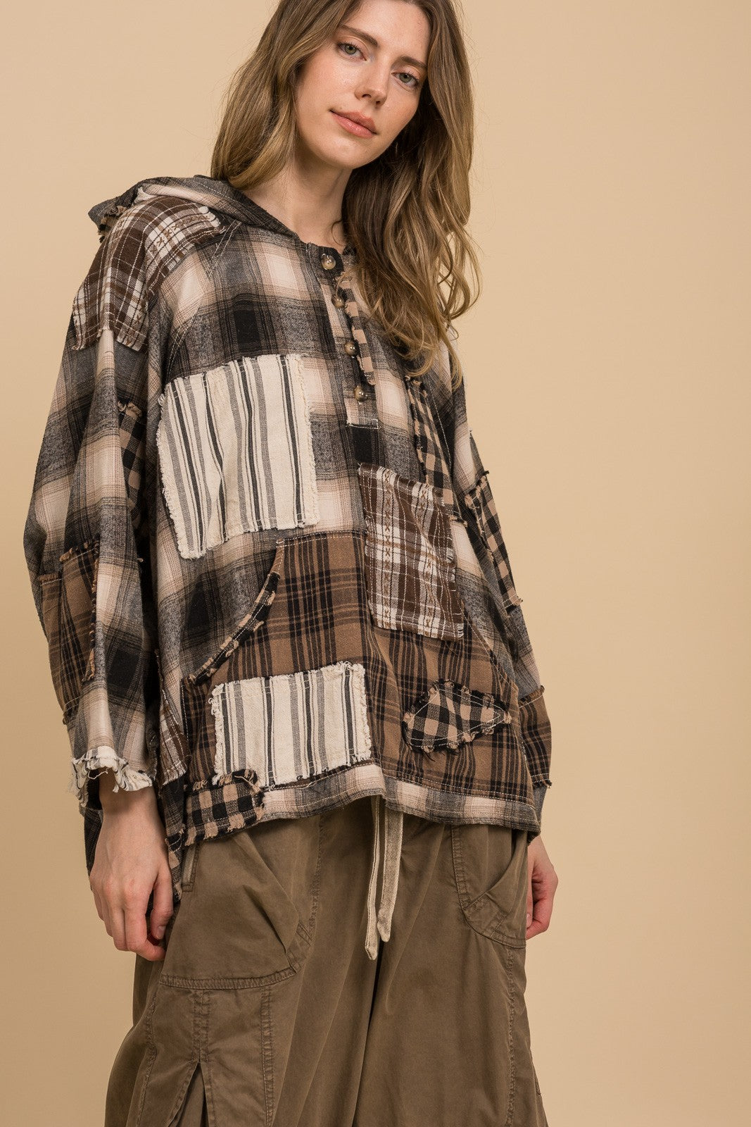 Flannel Patchwork 3/4 Sleeve Pullover Hoodie