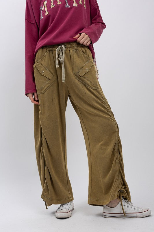 Ruched Wide-leg French Terry Sweatpants in Olive