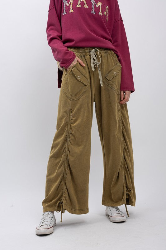 Ruched Wide-leg French Terry Sweatpants in Olive