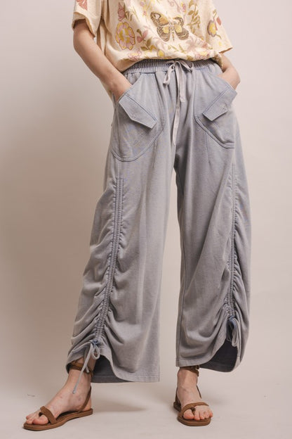 Ruched Wide-leg French Terry Sweatpants in Denim Blue