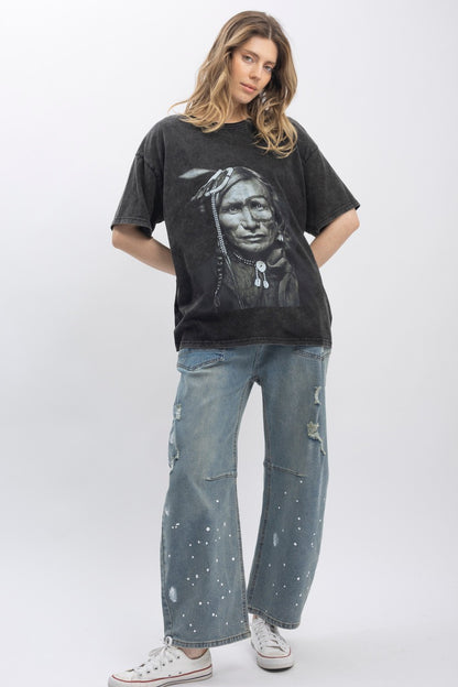 Indian Chief Print Washed Short Sleeve T-shirts