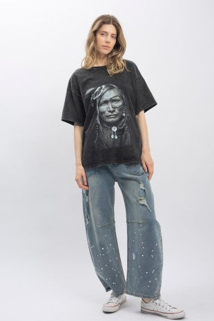 Indian Chief Print Washed Short Sleeve T-shirts