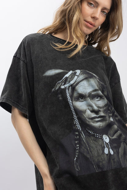 Indian Chief Print Washed Short Sleeve T-shirts