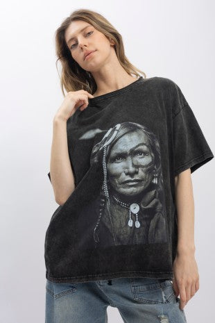 Indian Chief Print Washed Short Sleeve T-shirts