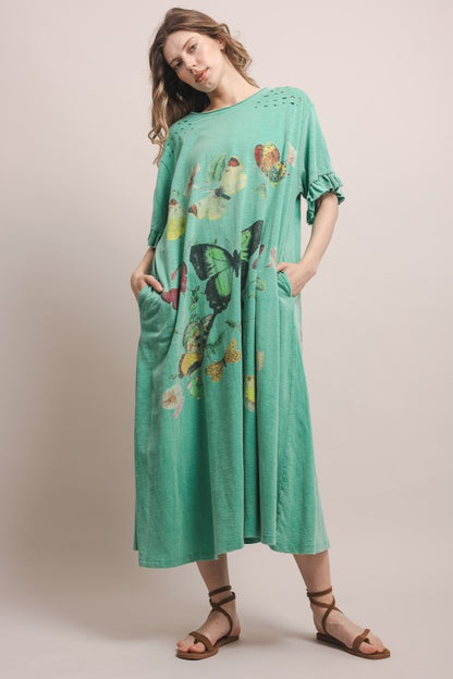 Butterfly Prance Midi Tunic Dress in Teal