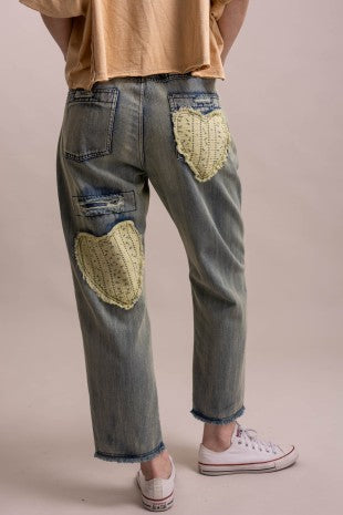 Heart & Distress Patch Washed Denim Pants
