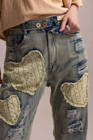 Heart & Distress Patch Washed Denim Pants