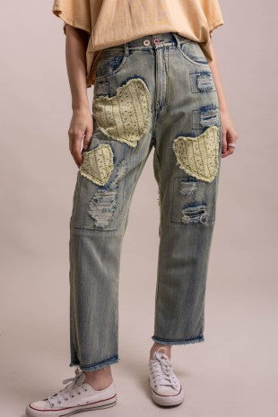 Heart & Distress Patch Washed Denim Pants