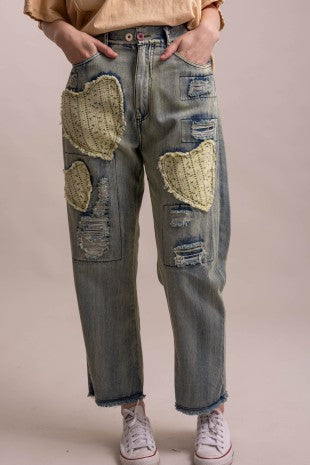 Heart & Distress Patch Washed Denim Pants