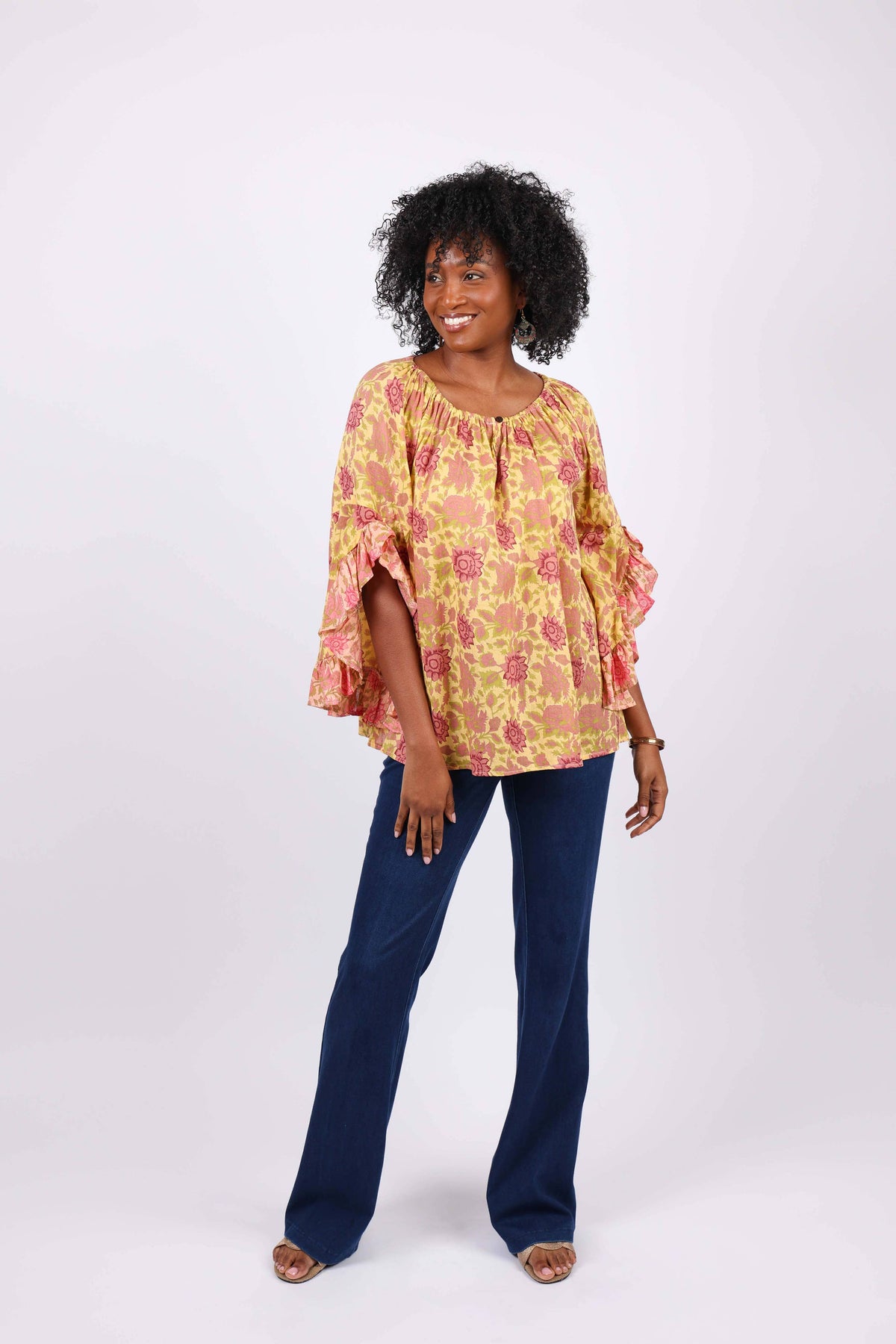Lemon Floral Flair-Sleeve Blouse in Cotton Voile
