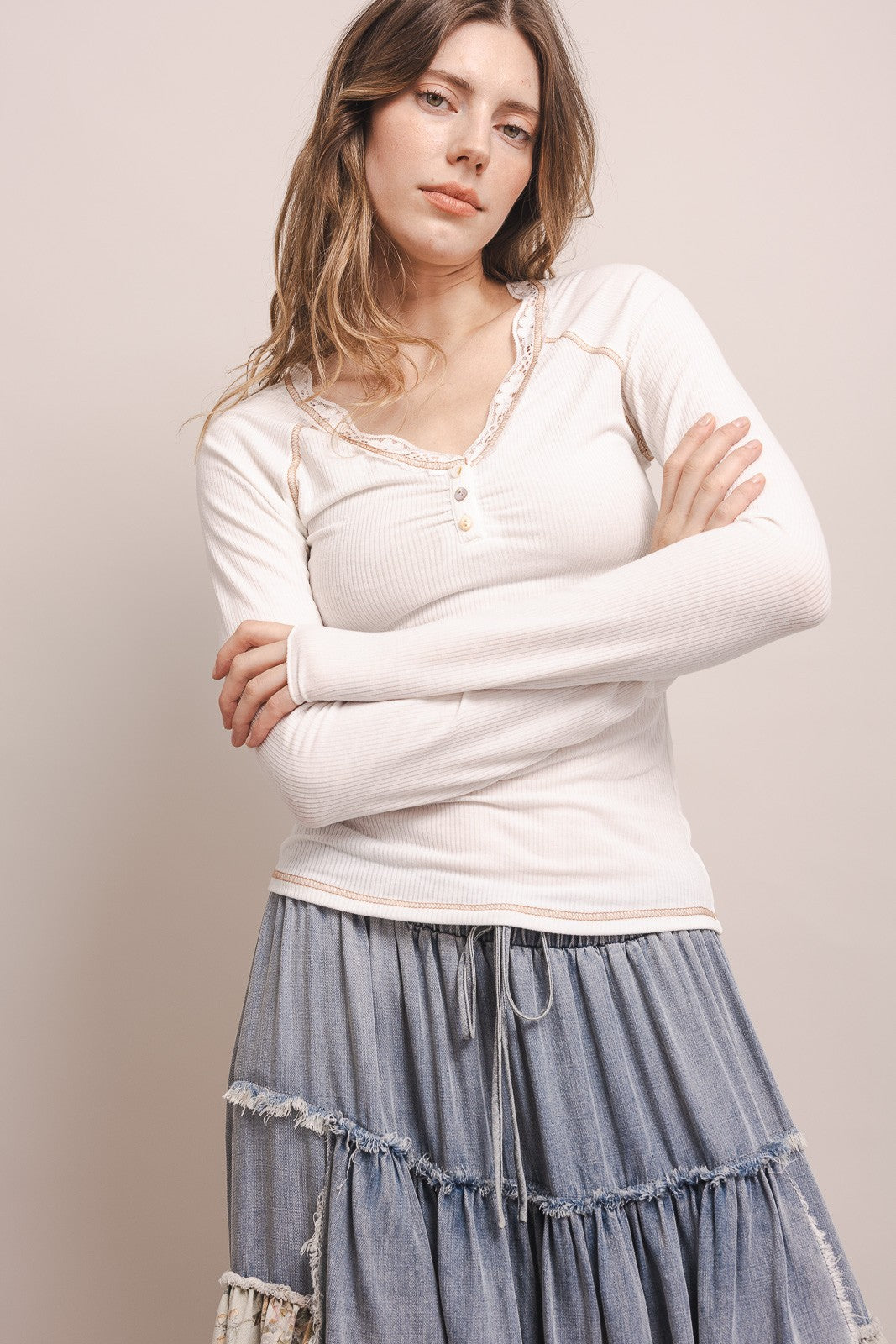 Layering Lace Trim Henley Top