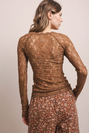 V Neck Long Sleeve Fitted Mesh Top
