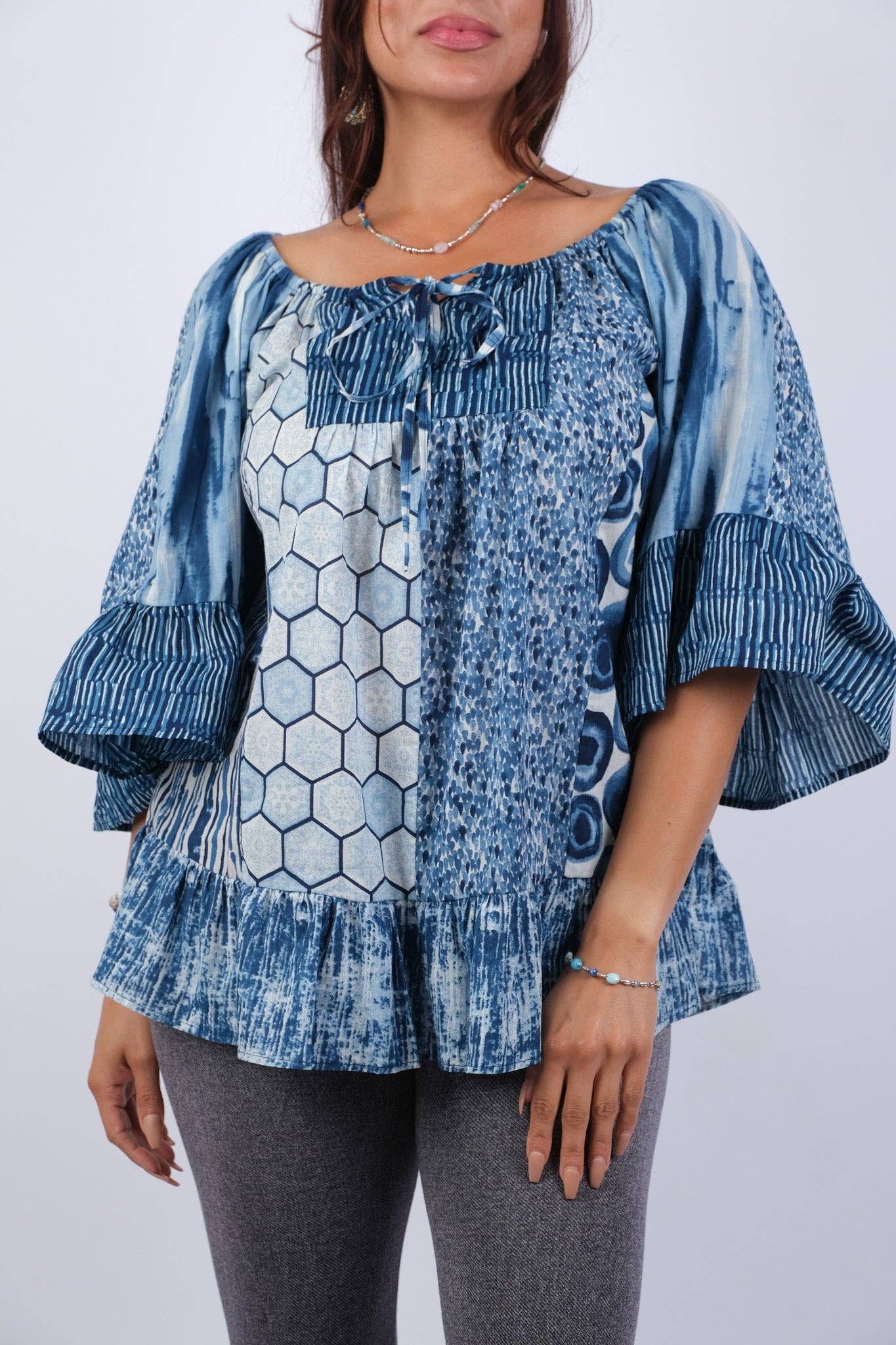 Flowy Sapphire Ocean Bohemian Patchwork Top