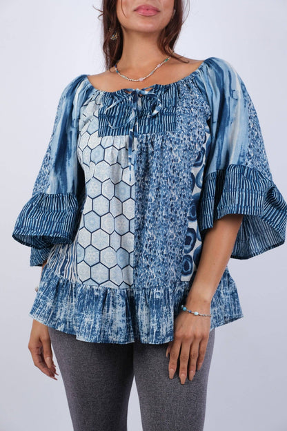 Flowy Sapphire Ocean Bohemian Patchwork Top